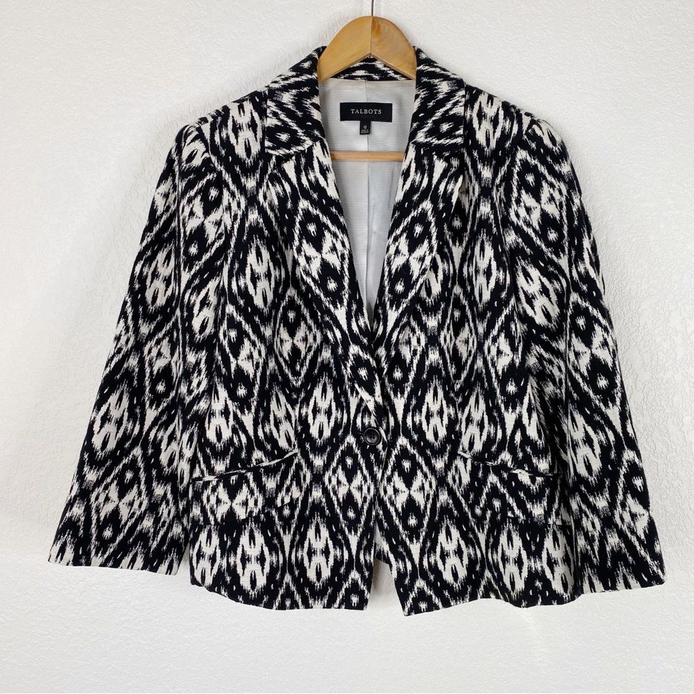 Talbots Black & White Ikat Patterned Blazer Jacket